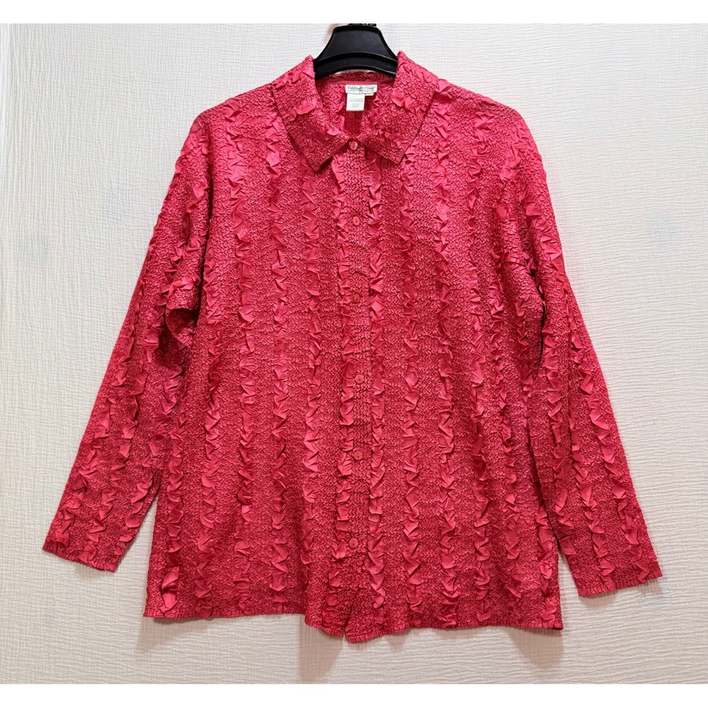 Coldwater Creek Button Up Top Womens L‎ Rose Red Popcorn Crinkle Textured